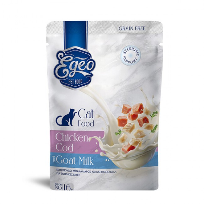 Влажна храна за маче EGEO Cat Adult Chicken, Cod & Goat Milk 12x85gr