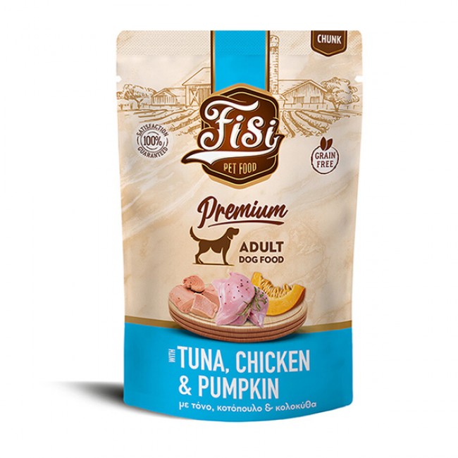 Влажна храна за куче FISI Dog Adult Tuna, Chicken & Pumkin in sauce 12x130gr