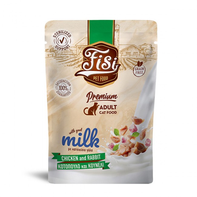 Влажна храна за маче FISI Cat Adult Chicken, Rabbit & Goat Milk in chunk 85gr