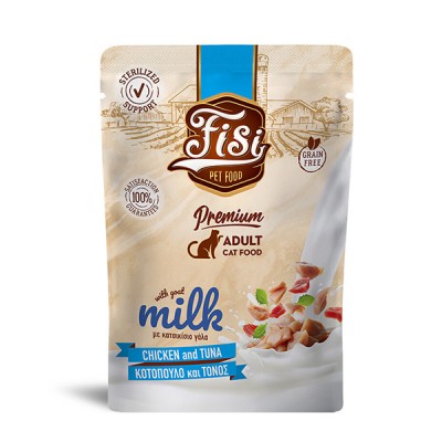 Влажна храна за маче FISI Cat Adult Chicken, Tuna & Goat Milk in chunk 85gr